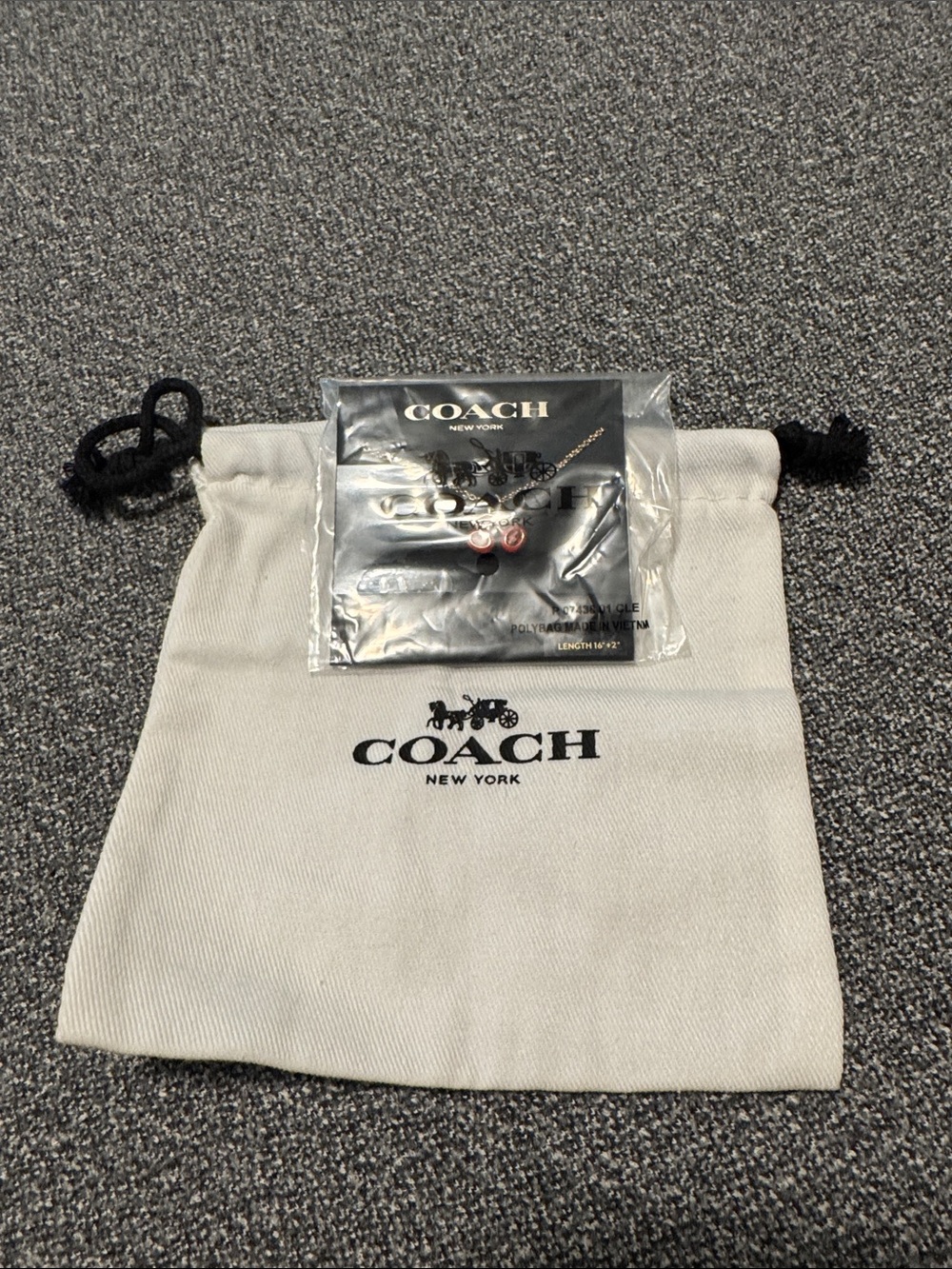 COACH cherry’s necklace & Beige Canvas Drawstring Pouch with Black Accents